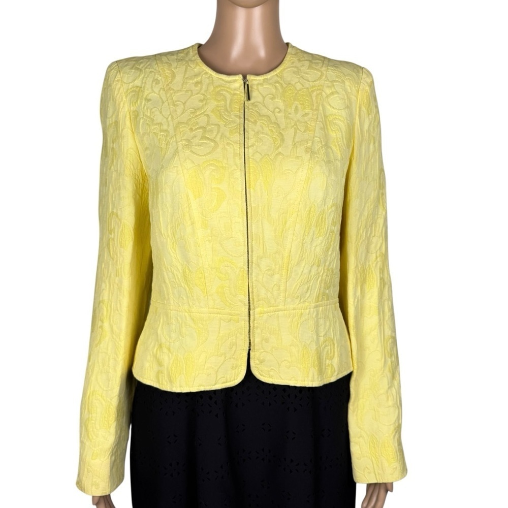 Louben Yellow Textured Floral Cotton Zip Front Jacket Size 4